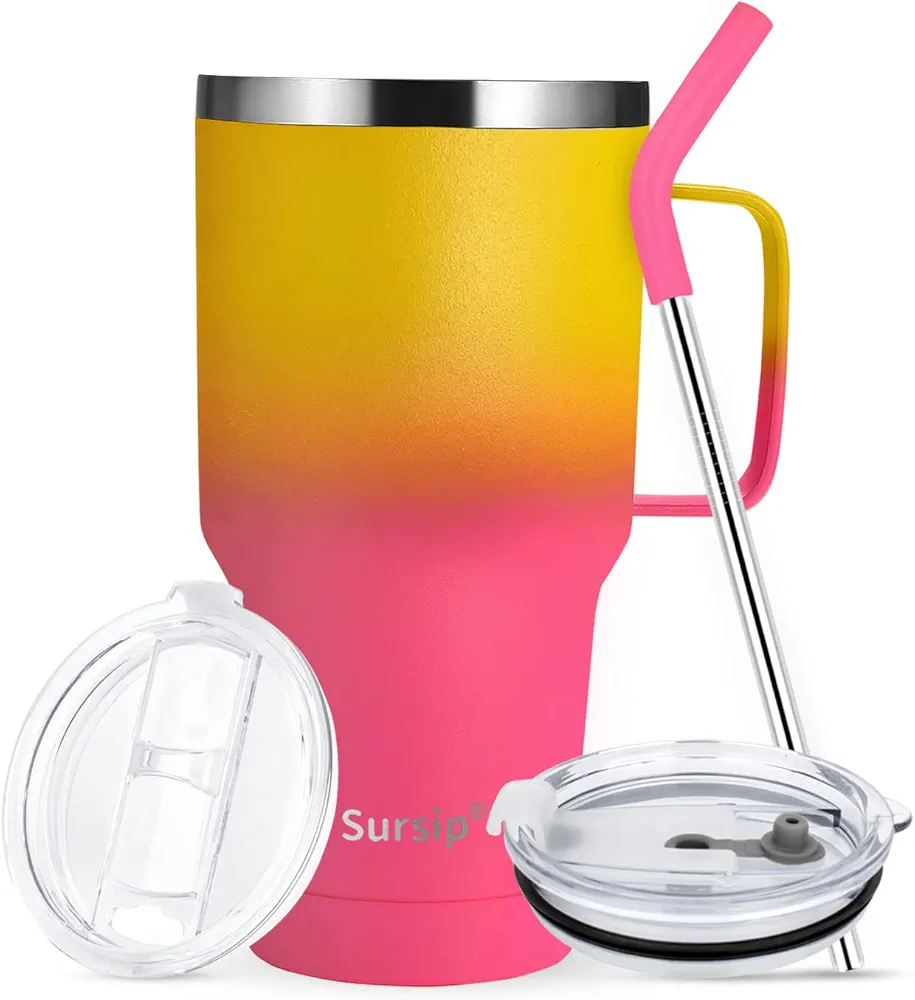 Sursip 30oz Insulated Mug/Tumbler With Lid and Straw,Stainless Steel Vacuum Tumbler,Keep Cold and Hot,BPA Free,Leak Proof,Dishwasher Safe,Car Holder,Gifts/Travel Mug/Coffee Tumbler(Yellow&Red-1Pack)