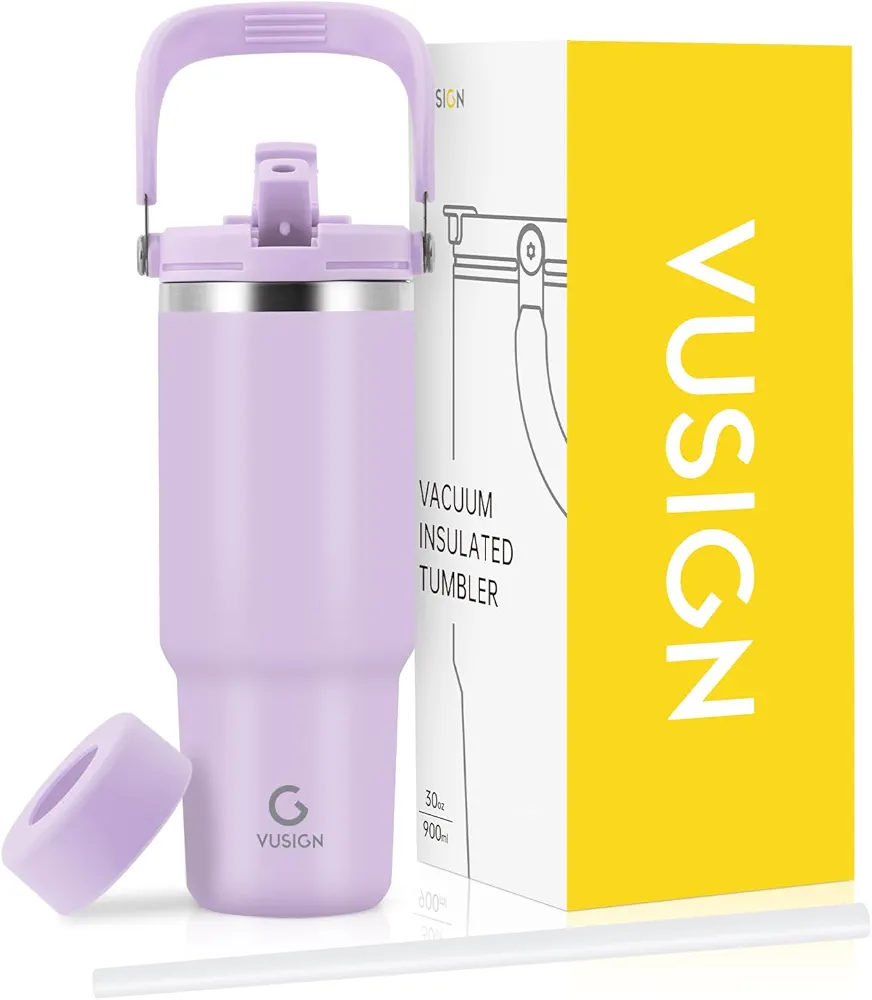 VUSIGN 30 oz Tumbler with Handle and Flip Straw, Stainless Steel Vacuum Insulated Water Bottle Travel Mug Thermal Cup for Home, Office, Car, Outdoors, Sports, Orchid