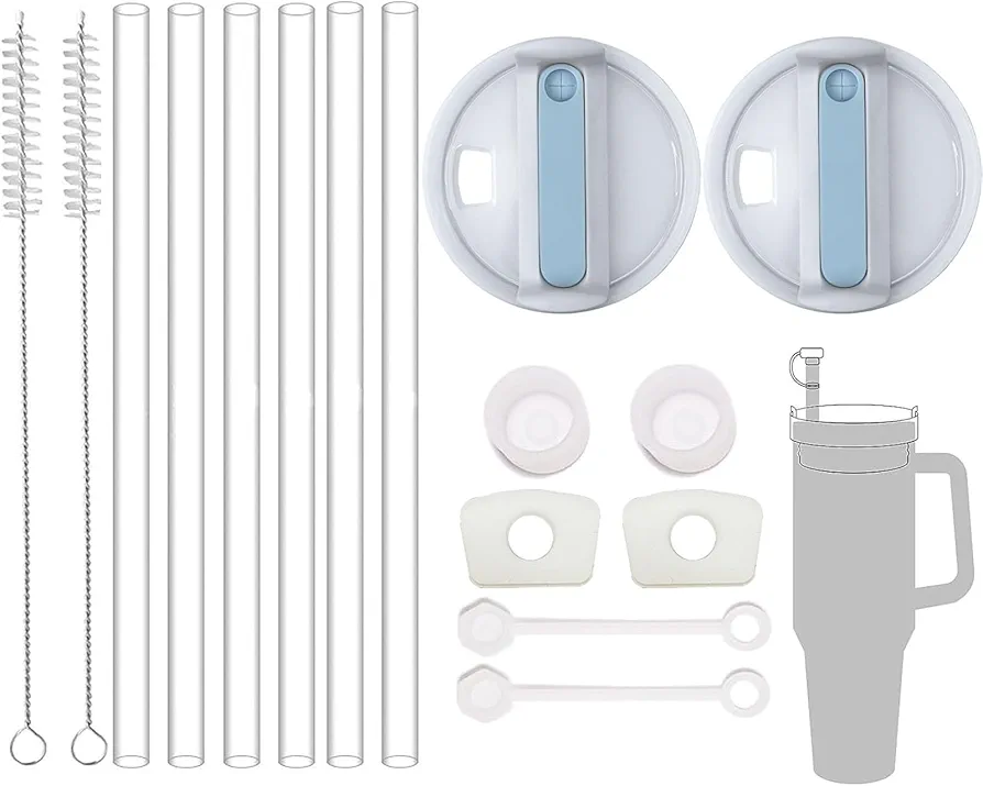 40oz Stanley Cup Accessories Set,Including 2pcs Replacement Lid Fit Stanley 40 Oz Tumbler,Tumbler Lids For Stanley Cup 2.0,H2.0 Silicone Spill Proof Stopper 3 Set and 6 Pcs Long Reusable Straws (Blue)