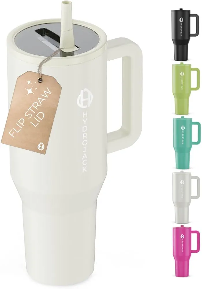 CarGo 40 oz Vacuum Insulated Stainless Steel Tumbler with Handle and Flip Straw, Leak-Resistant Lid w/Rubber Base, Car Cup Holder Friendly (Cream)