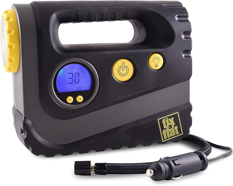 Fix-a-Flat S40072 Tire Inflator, Portable Car Air Inflator, Portable Compressor, Rugged, Inflate Right Automatic Shut Off, With Digital 99 PSI Display, Long Hose And LED Light, 12V, 4 Min Inflation