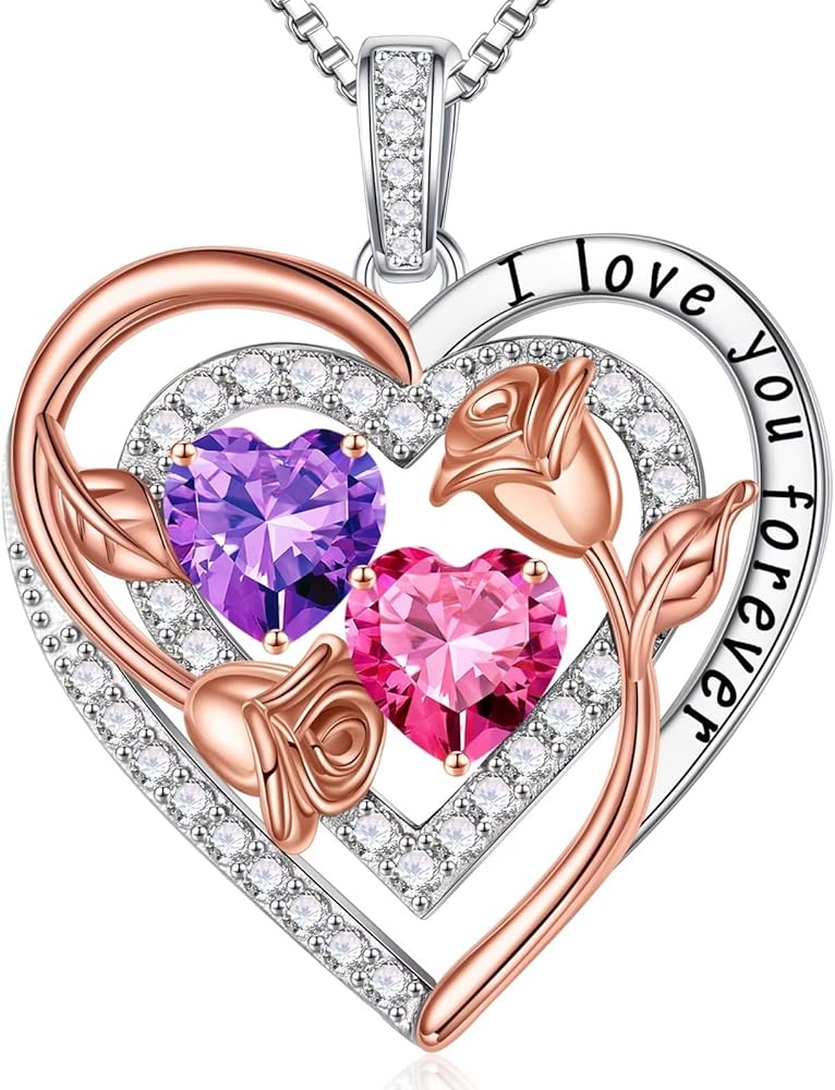 Iefil Valentines Day Gifts - Sterling Silver Heart Birthstone Necklace Anniversary Birthday Gifts for Her Wife