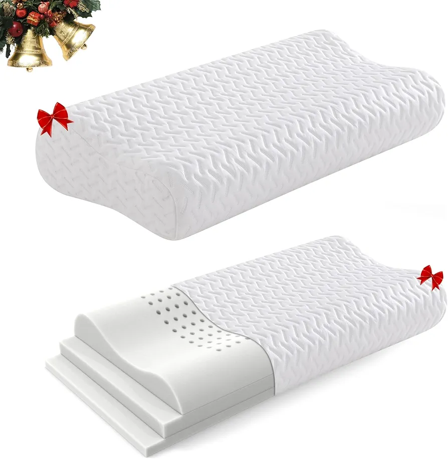 Contour Memory Foam Pillow for Neck Pain Relief, Neck Pillow for Side Sleepers, Ergonomic Cervical Contour Pillow, Adjustable Bed Pillow with Cooling Pillowcase, Breathable, CertiPUR-US Certified