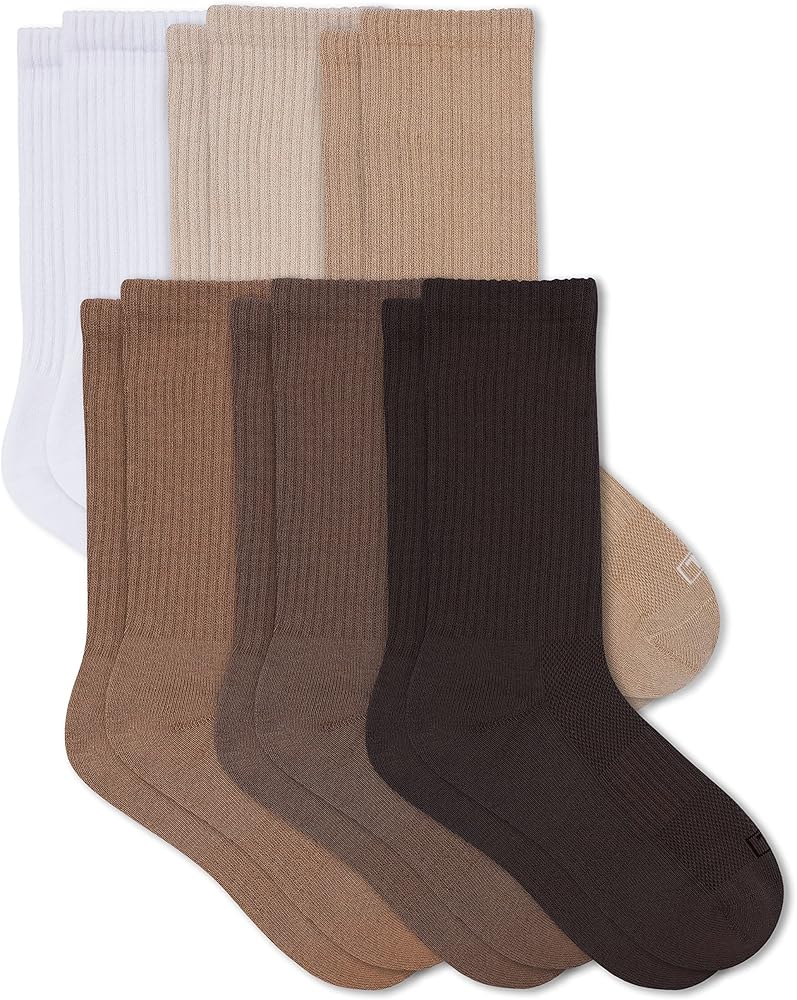 Women's Neutral Crew Socks 6 Pairs - Made from Recycled Material, Seamless Toe, Arch Support, Mesh Ventilation