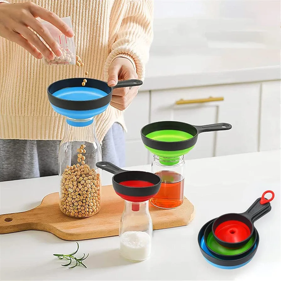 Collapsible Canning Funnel, Funnels for Filling Bottles, Foldable Food Grade Silicone Kitchen Funnels for Water Oil Liquid Food Transfer Useful Kitchen Gadget Wide Mouth Set of 3 (Round)