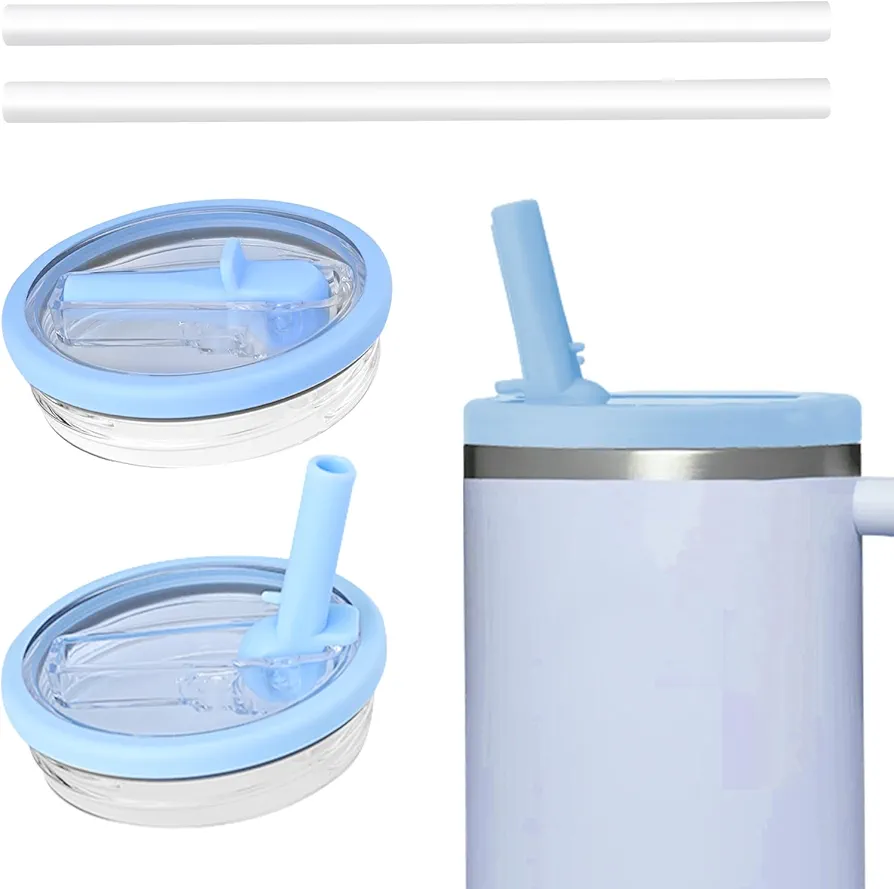 2 Pack 40 OZ Tumbler Flip Straw Lid With 2 Straws For 40 OZ Replacement Lids Spill Proof Splash Resistant Tumbler Covers Fit for Stanley Tumbler Accessories and More Coffee Mugs (light blue)