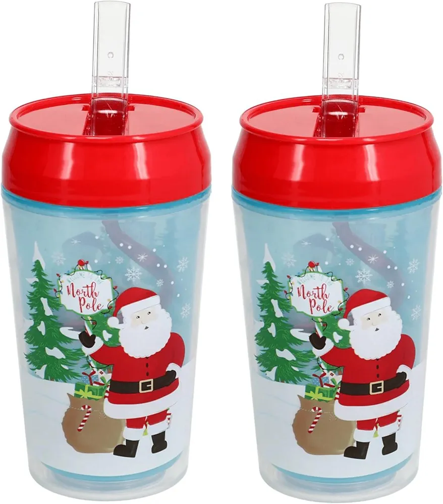 Double Wall Christmas Holiday Themed 12-oz Plastic Tumblers with Flip-Up Straws - Santa in Winter Wonderland (Set of 2)