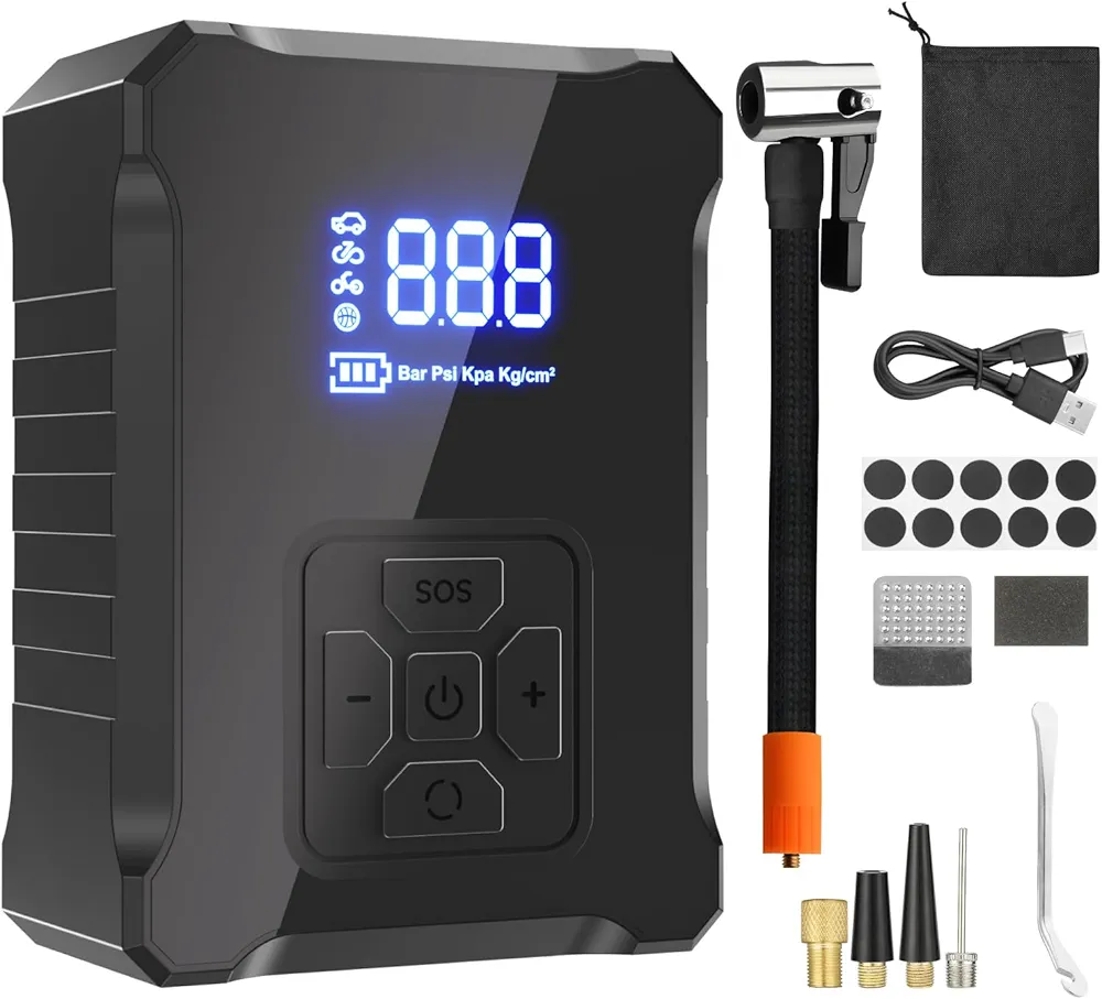 Bike Pump with Digital Pressure Gauge, Portable Electric Bicycle Pump Car Tire Inflator, Max 150 PSI, Auto Shut-Off Air Pump with Presta and Schrader Valves for Bicycles Motorcycles and Cars