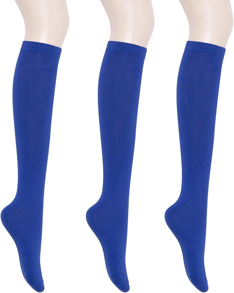 KONY Women's Cotton Knee High Socks - Casual Solid & Striped Colors Fashion Socks 3 Pairs (Women’s Shoe Size 5-9)