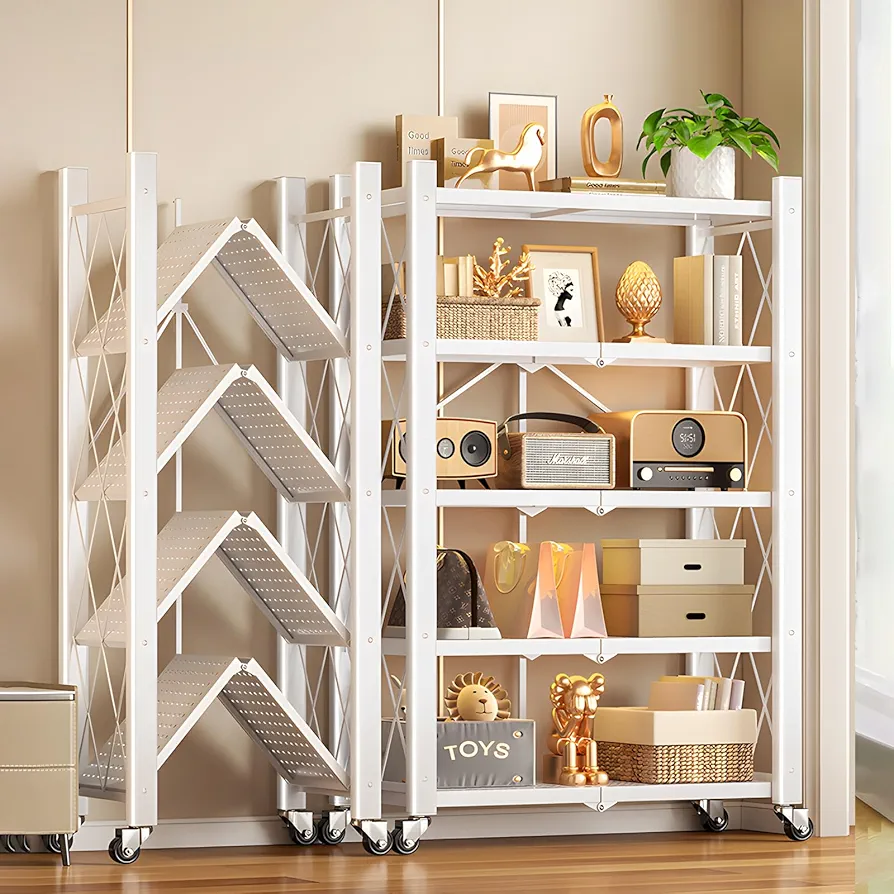 JOYBOS 5 Tier White Foldable Storage Shelves with Wheels,Heavy Duty Metal Storage Shelving Unit Rolling Cart,No Assembly Utility Shelf Rack Organization Shelves for Garage Kitchen,Basement,Pantry