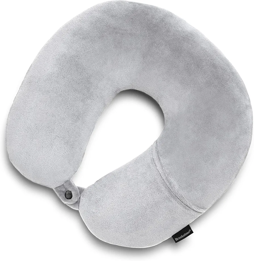 Brookstone Microbead Travel Head and Neck Pillow Lightweight and Plush with Phone or Headphone Pocket, Grey