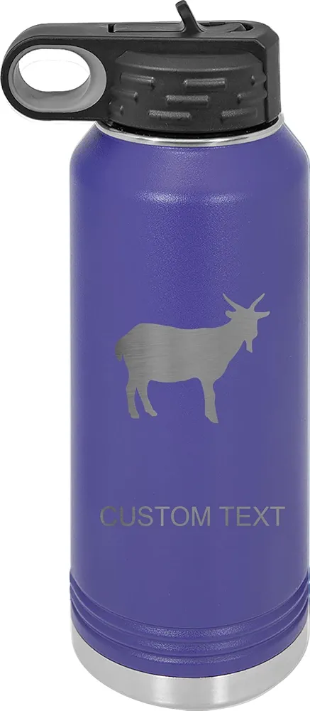 Goat, Personalized Custom Engraved Double Wall Vacuum Hot/Cold Drinks Insulated 20-Ounces Stainless Steel Boys/Girls Sports Team Water Bottle with Flip Top Lid, Straw, Purple