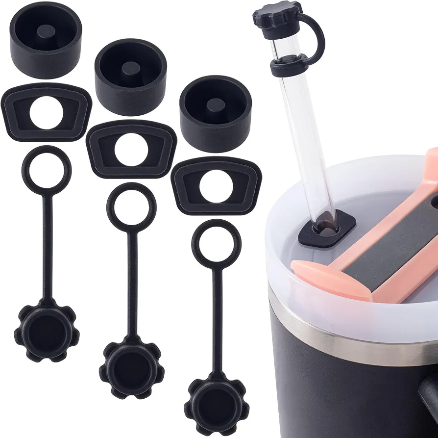 3 Sets Silicone Spill Stoppers for 40oz Stanley Quencher H2.0, Black Straw Cover Cap 10mm, Square Leak Proof Lid and Round Lid Spill Plug Drinking Accessories