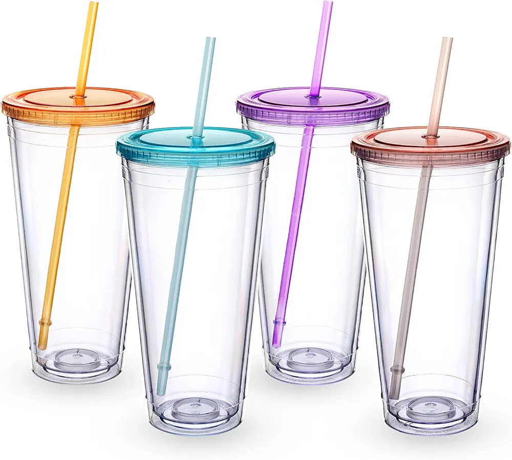Zukro Clear Acrylic Tumbler with Straw and Lid 32 oz, Double Walled Insulated Reusable Plastic Iced Coffee Cup, To Go Cup Perfect for Parties, Birthdays, Fit in Cup Holder, BPA Free, 4 Pack