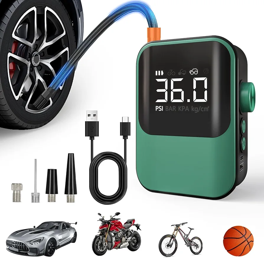 Cordless Tire Inflator Portable Air Compressor, Green Air Pump With Digital Tire Pressure Gauge, Wireless Fast Inflation For Car Tires, Motorcycle, Bicycle, Electric Bike Pump, Ball