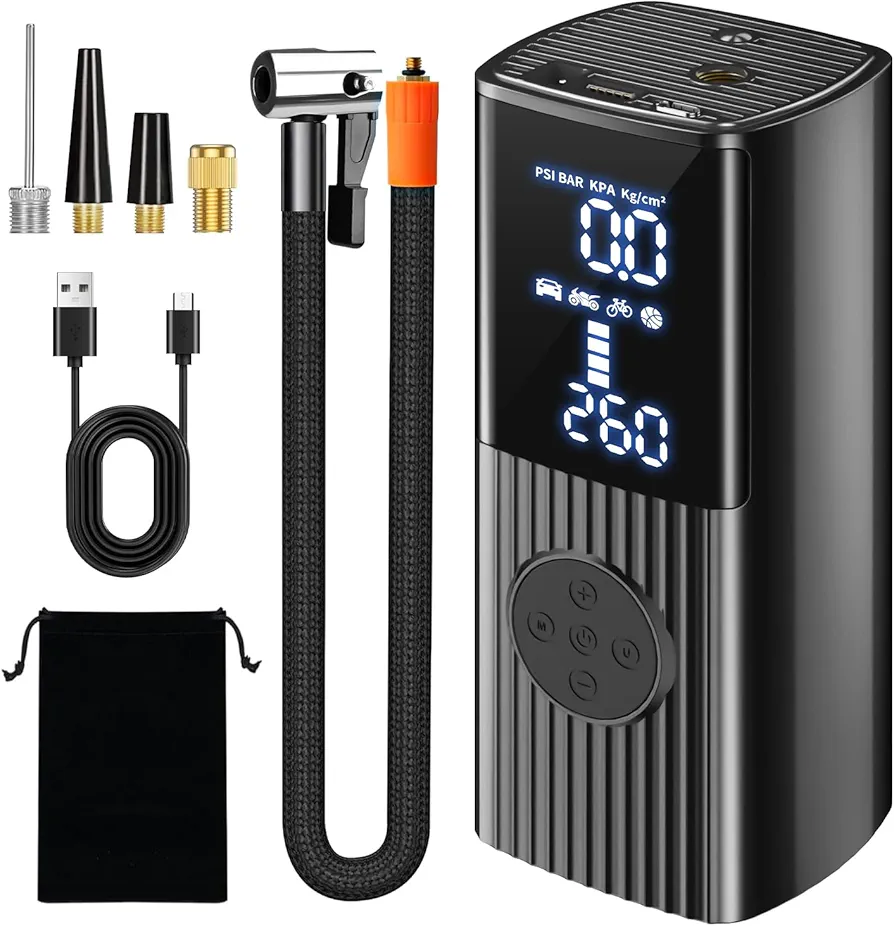 Tire Inflator Portable Air Compressor - 150PSI & 20000mAh Portable Air Pump, Accurate Pressure LCD Display, 3X Fast Inflation for Cars, Bikes & Motorcycle Tires, Balls.