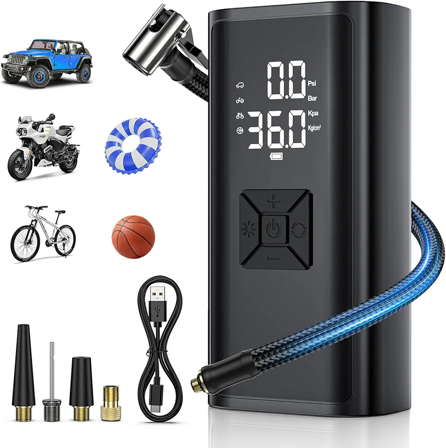 Portable Car Tire Air Inflator, 2X Faster Inflation Air Compressor for Car, 150PSI Cordless Electronic Air Pump with LED Light, Tire Inflator for Bike Truck Motorcycles Balls