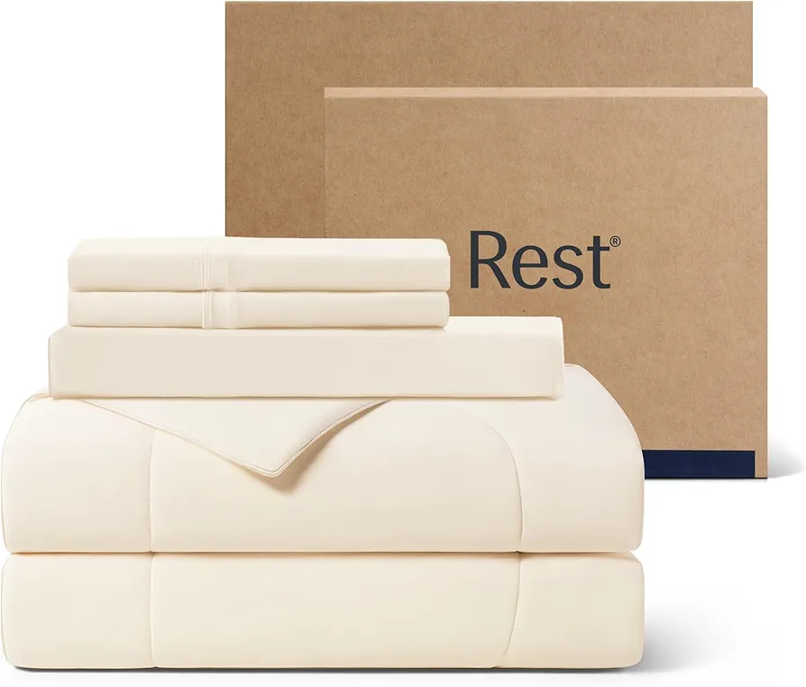 Rest® Evercool®+ Cooling Comforter Set, King Size Snow Ivory, 4pcs with Cooling Blanket, Wrinkle-Free Deep Pocket Fitted Sheet, 2 Silver-Infused Pillowcases for Skin and Hair Bed Set for Ultra Comfort