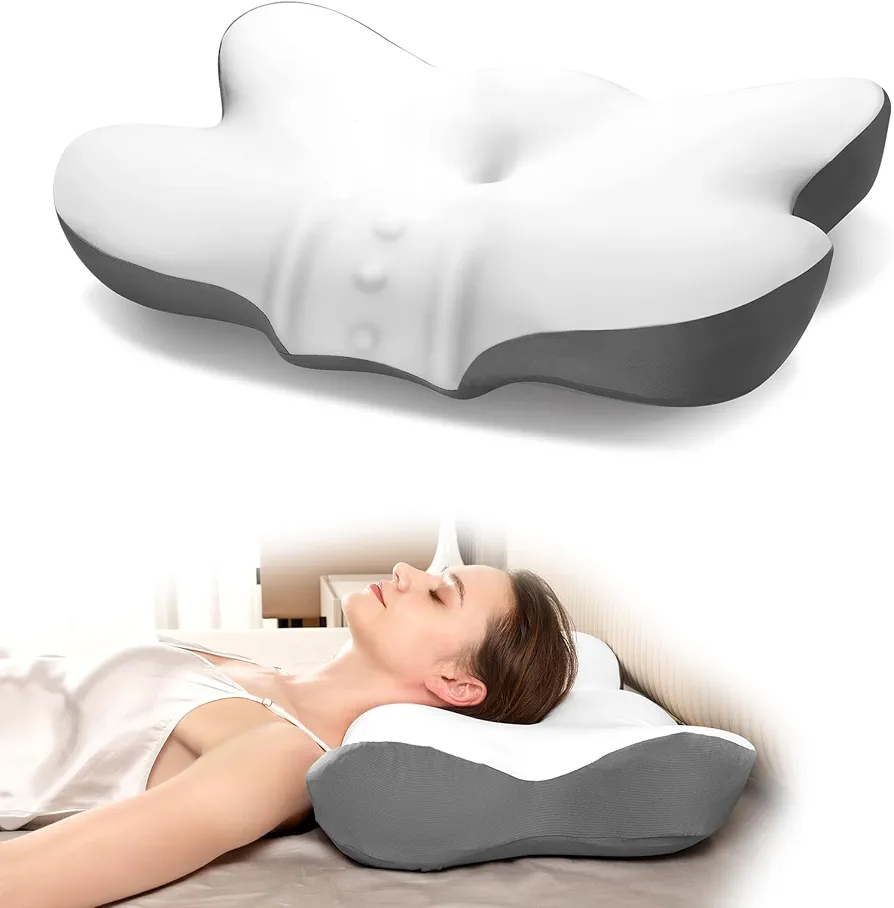 Cervical Neck Pillow, Ergonomic Contour Memory Foam Pillow with Cooling Pillowcase, Orthopedic Neck Support Pillow for Side, Back - Queen Size with Cooling Pillowcase