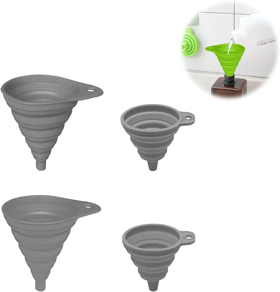 Kitchen Funnel Set of 4, Collapsible Silicone Funnels for Kitchen Use, Food-Grade Funnels for Filling Bottles and Liquid or Powder Transfer, Small and Large Funnel Set (Grey)