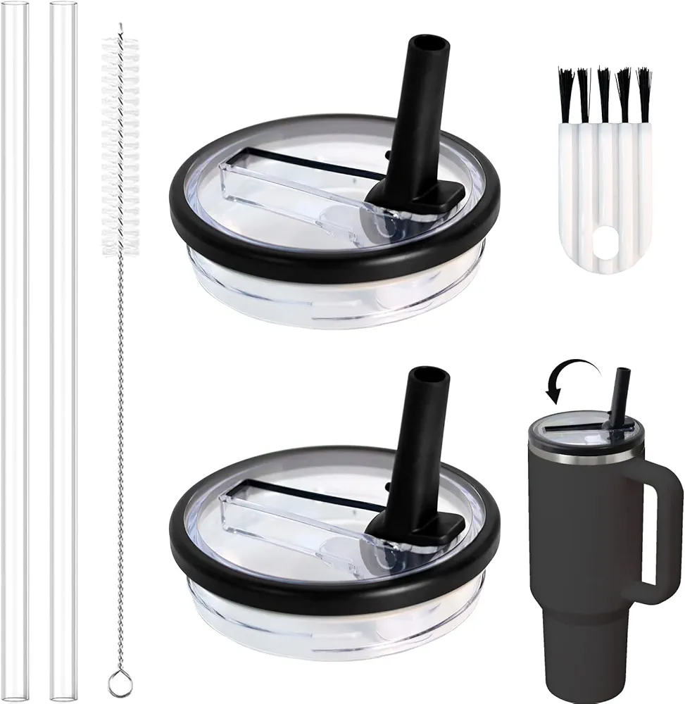 2 Pcs 40 OZ Tumbler Flip Straw Lid Fit for Stanley Quencher, Leakproof Replacement Tumbler Lids, Splash Resistant Tumbler Covers with Straws and Brush for Stanley Cup Accessories (Black)