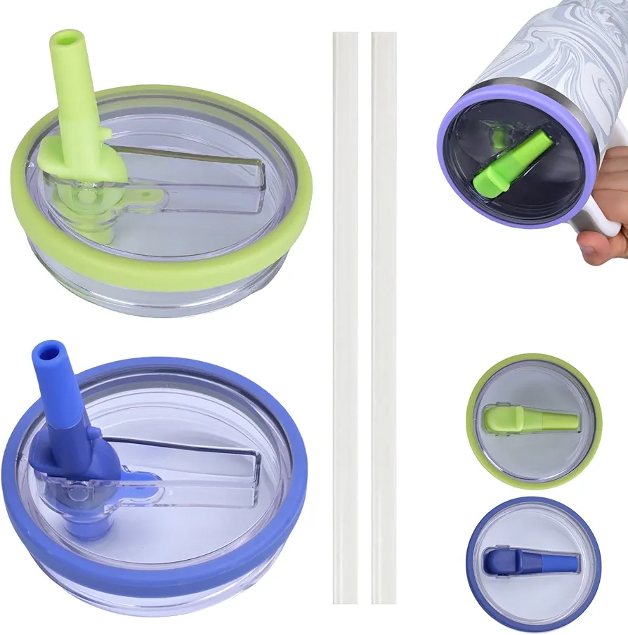 40oz Tumbler Flip Straw Lid Compatible with Stanley Cup, 2 Pieces Tumbler Replaceble Flip Straw Lid PCTG, Leak Proof Lid for Stanley 40 oz Quencher Tumbler, PCTG material (Honeydew & Ultra Blue)
