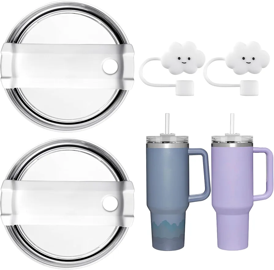 AUAUY 2 PCS Tumbler Lids with 2PCS Dust-proof Cloud Straw Covers for Stanley Quencher H2.0 40 oz and Stanley Adventure Quencher 40 oz, Leak Proof Replacement Lids, White Lids for Tumblers
