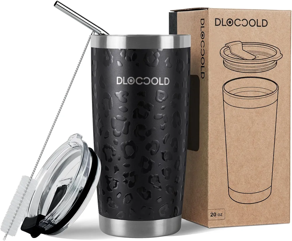 DLOCCOLD 20 oz Tumbler with Lid and Straw, 18/8 Stainless Steel Vacuum Insulated CoffeeTumbler,Insulated Travel Mug Water Cup with Leak-Proof Flip Lid,Metal Straw,Cleaning Brush & Gift Box