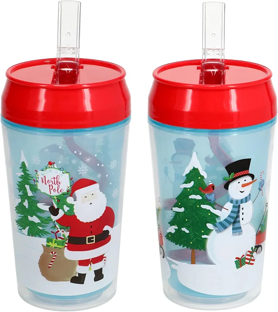 Double Wall Christmas Holiday Themed 12-oz Plastic Tumblers with Flip-Up Straws - Winter Wonderland (Set of 2)