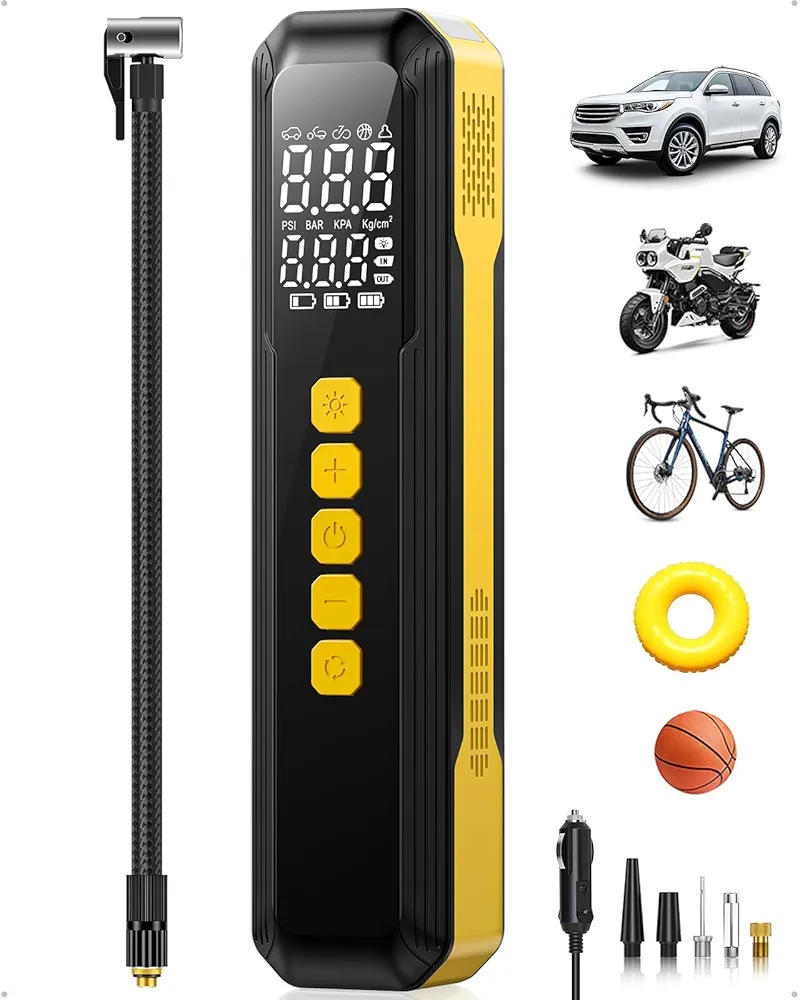 Tire Inflator Portable Air Compressor - 5X Faster 10000mAh Cordless Air Pump for Car Tires, Electric Bike Tire Pump with Digital Pressure Gauge, LED Light for Motorcycle, Bicycle, Ball