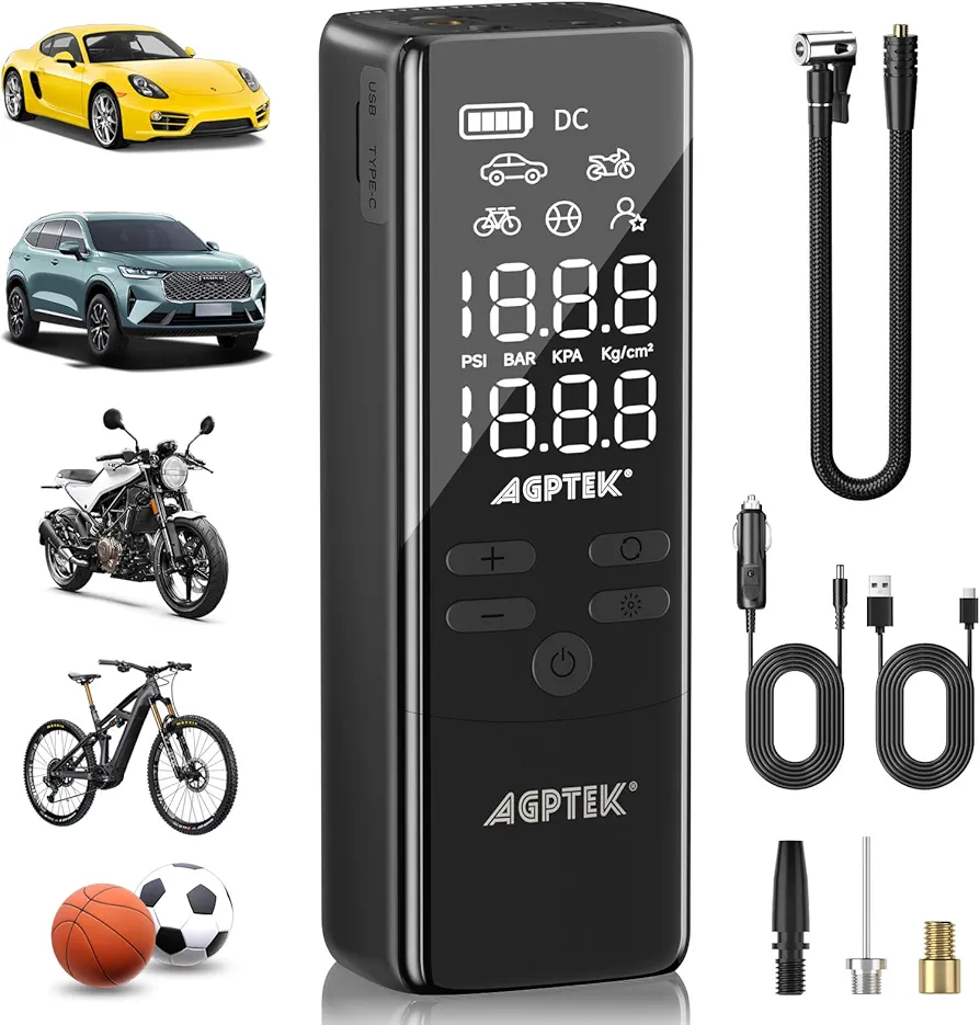 AGPTEK Tire Inflator Portable Air Compressor-150PSI & 7500mAh& 12V DC Tire Pressure Gauge Electric Air Pump,LCD Display with LED Light for Cars, Bikes & Motorcycle Tires, Balls