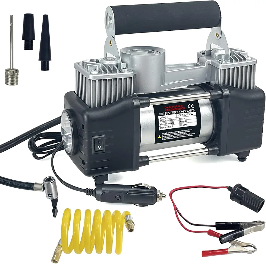 Tire Inflator Portable Air Compressor, 12V DC Double Cylinders Air Compressor Pump, 150PSI Heavy Duty Tire Inflator Pump with LED Light and Adapter for Truck, SUV, Car, RV (Silver)
