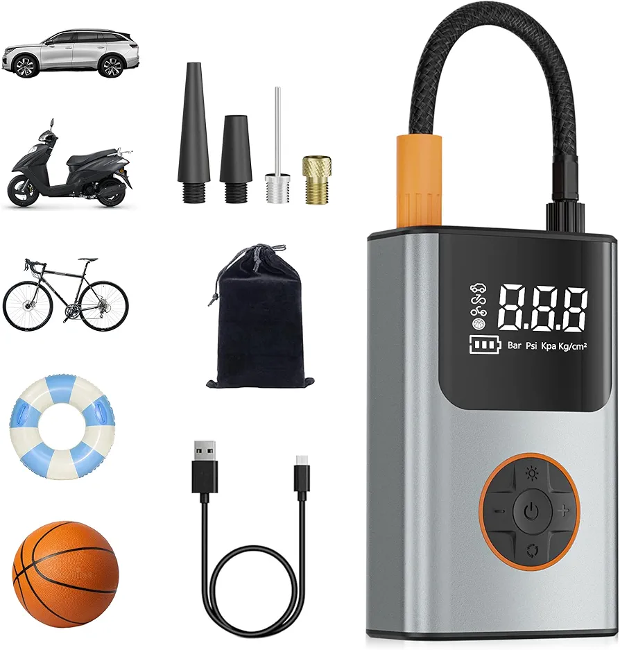 Tire Inflator Portable Air Compressor, 150 PSI Fast Inflation & Cordless, Air Pump for Car Tires with Rechargeable Battery, Bike Pump for Car, Bicycle, Motorcycles, Ball