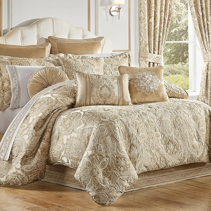 Albany Luxury Bedding | Soothing Neutral Tones of Champagne and Ivory | Jacobean Floral Inspired Damask, Medallions, and Soft Velvet | 4 Pc Bed Set: Queen Comforter, Bedskirt, and 2 Standard Shams