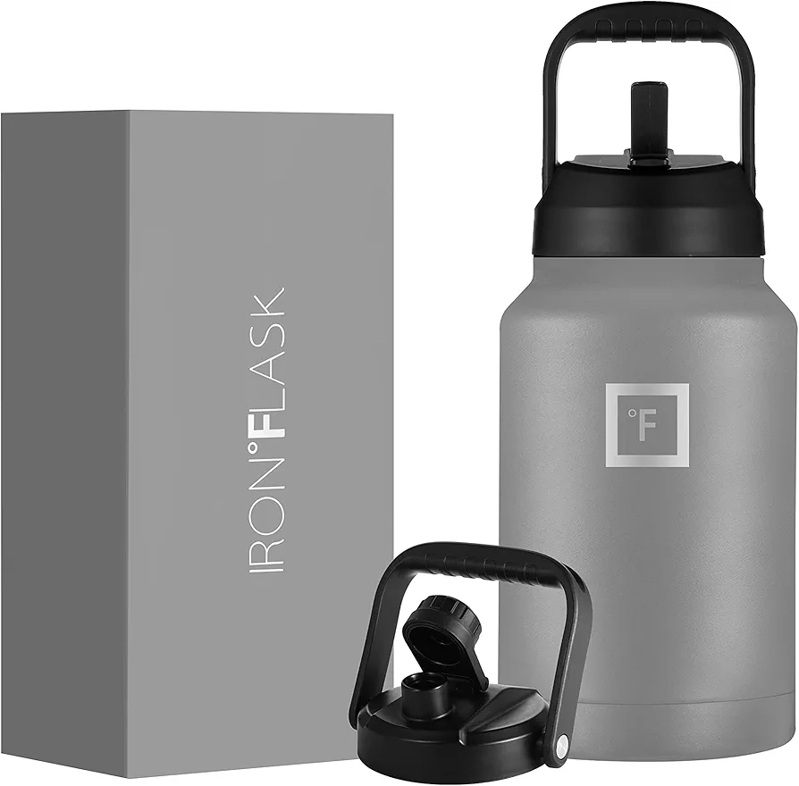 IRON °FLASK Sports Water Bottle - Gallon Series - 2 Lids (Straw and Spout), Leak Proof, Vacuum Insulated Stainless Steel, Double Walled, Thermo Mug, Metal Canteen Jug Growler - Graphite, 128 Oz