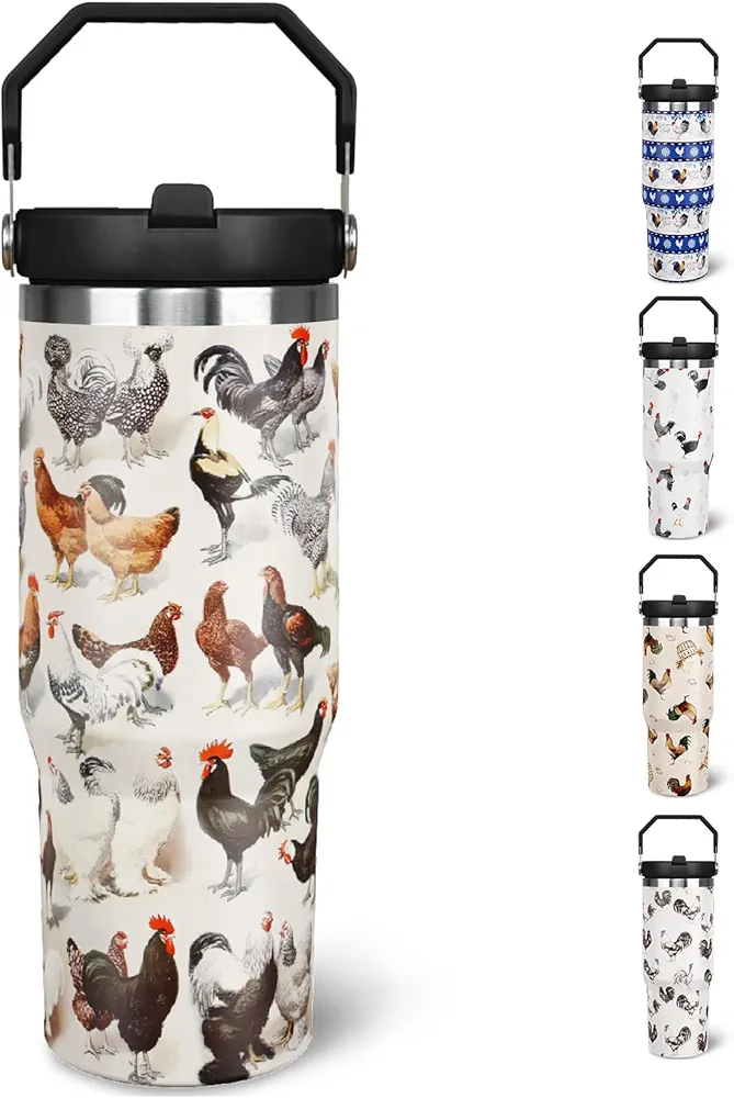 30 oz Chicken Tumbler With Handle and Straw, 30oz Rooster Flip Straw Tumbler Insulated Coffee Travel Mugs Cup Water Bottle Chicken Gifts for Elephant Lovers Women Girls