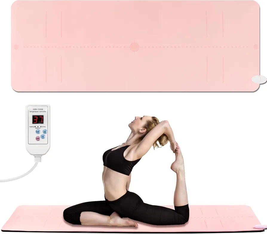 Far Infrared Heating Pad, Graphene Heating Yoga Mat for Period Cramps, Body Back Waist Shoulder Knee Joint Pain Relief, Max 140°F Heat,90 Mins, 72''* 26.7''Heating Pad with Auto Shut Off (Pink)