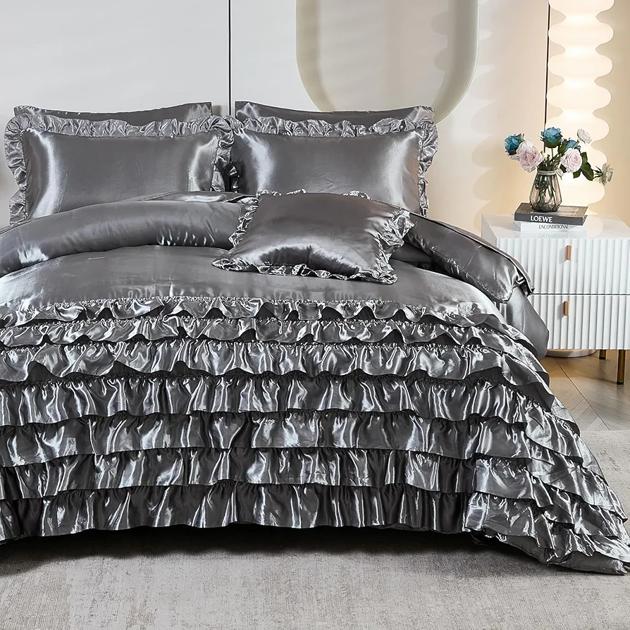 MOVE OVER Satin Ruffle Comforter Bed in a Bag Full Size Silk Like Gray Waterfall Ruffle Comforter Set 8 Pieces Luxury Silky Multi Layers Ruffled Bedding Set Silky Ruffled Pattern Boho Bedding Set