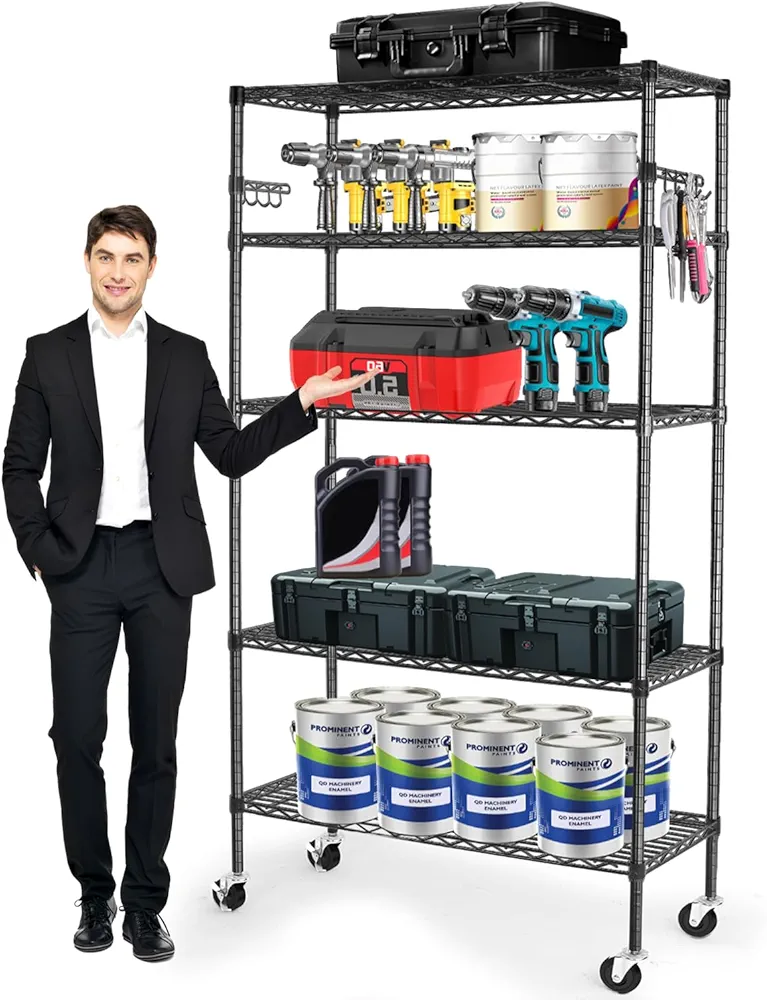 Storage Shelves,Metal Shelving Wire Rack Shelving with 5 Tier & 5000Lbs NSF Storage Racks with Rolling Wheels Heavy Duty,Adjustable Shelving Unit for Closet Kitchen (36" W x 14" D x 72" H,Black)
