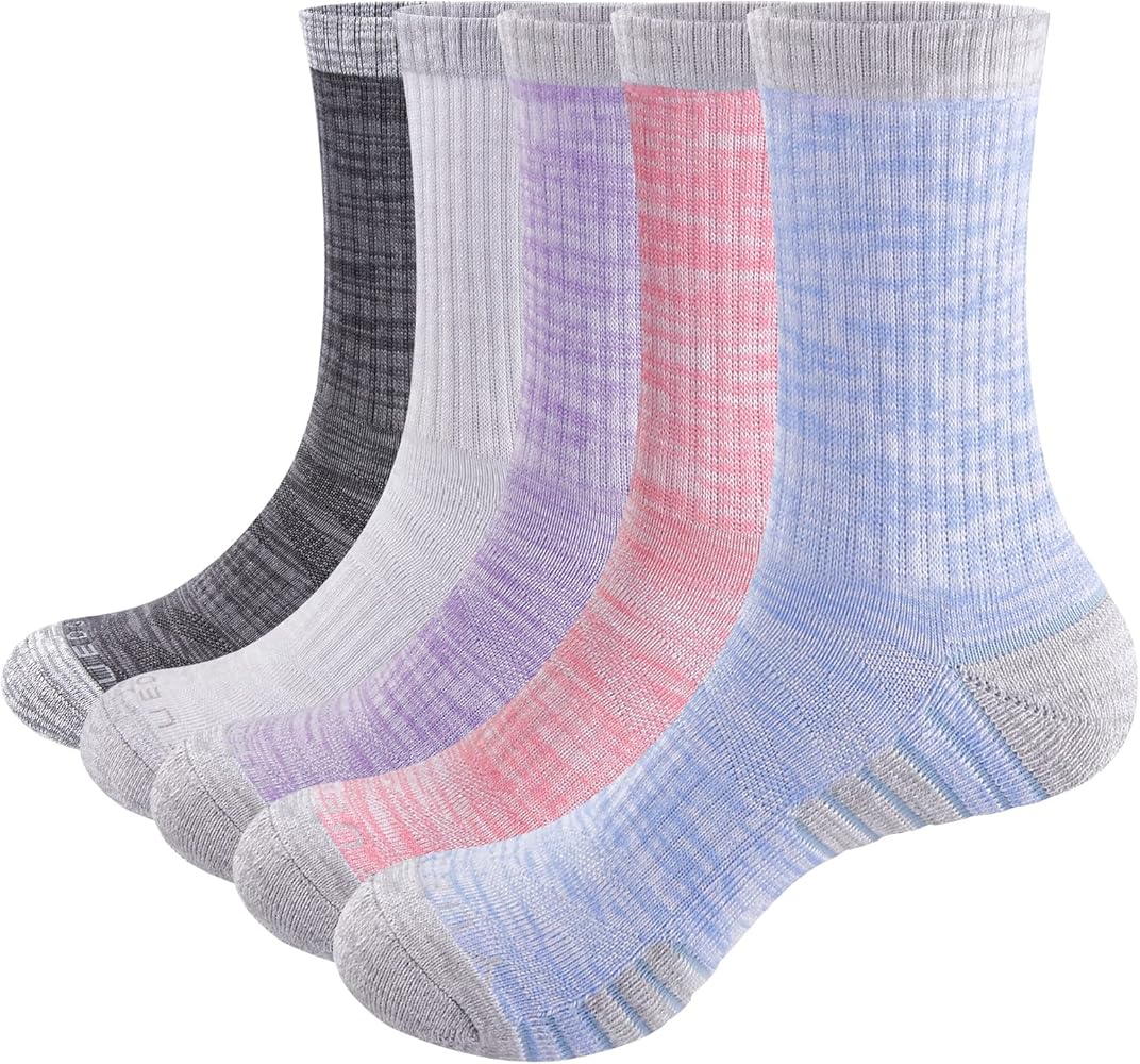 YUEDGE Womens Cotton Cushioned Crew Socks Moisture Wicking Gym Golf Tennis Athletic Socks For Women, 5 Pairs