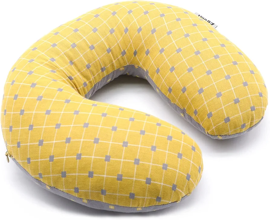 Cervical Pillow Neck Support Pillow U Shaped Travel Pillow for Shoulder Support with Adjustable Buckwheat Hulls Filling (12x12 inch, Yellow&Grey)