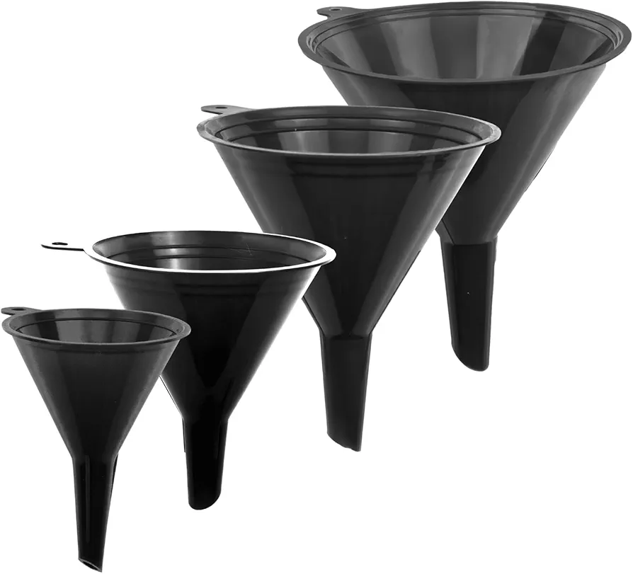 Funnel Black in 4 Different Sizes (122, 101, 76 & 50mm) Durable & Non-Toxic Food Grade Plastic -Funnels for Filling Bottles or Containers – Ideal for Kitchen, Garage & Labs