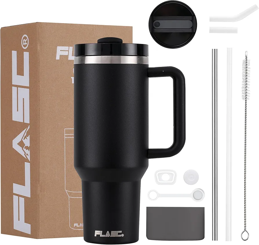 40 oz Tumbler With Handle and Straw | 100% Leakproof Insulated Tumbler With Lid and Straw | Includes ALL Accessories: Stainless Steel Straw, Silicon Boot, Straw Cover & Cleaner (Black)