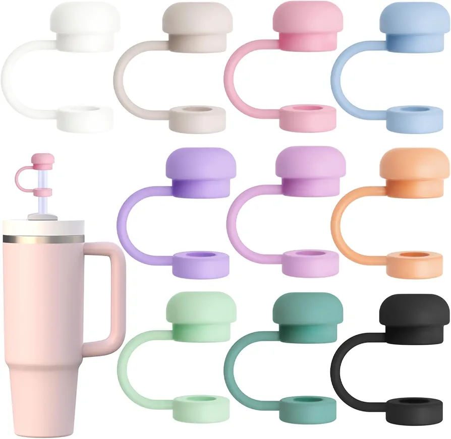GLAMFIELDS 10Pcs Straw Topper Cap for Stanley Tumbler 40-20 oz, 0.4in 10mm Soft Silicone Straw Covers for Stanley Cup Accessories, Dust-proof and Leak-proof Reusable Drinking Straw Tips Lids
