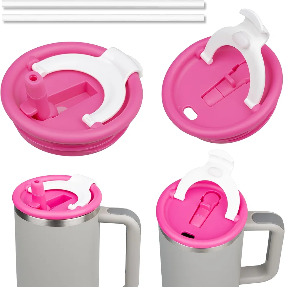 2 Pack 40oz Tumbler Flip Straw Lid Dual Drinking Outlets Compatible with Stanley Cup 40oz Tumbler Leak Proof Lid Compatible with Stanley Cup Quencher Replacement Lid Tumbler Accessories (Hot Pink)