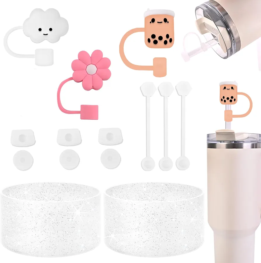 14 PCS Stanley Cup Accessories Set Including 9 Pcs Silicone Spill Proof Stopper, 3 Pcs 10mm Straw Cover Cap, 2 Pcs Bling Silicone Boot Sleeve for Stanley Cup Stanley 40oz & 30oz Tumbler