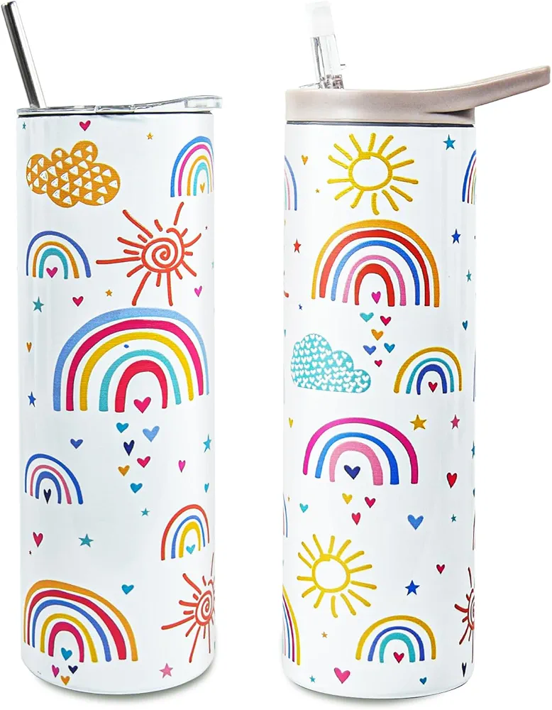 Back to School Gift Tumbler, Kids Tumbler Welcome Back to School Gifts for Students, Leakproof Insulated Stainless Steel Water Bottle Cup with Flip Straw, 2 Lids for Girls Boys Gift, Rainbow-20 oz