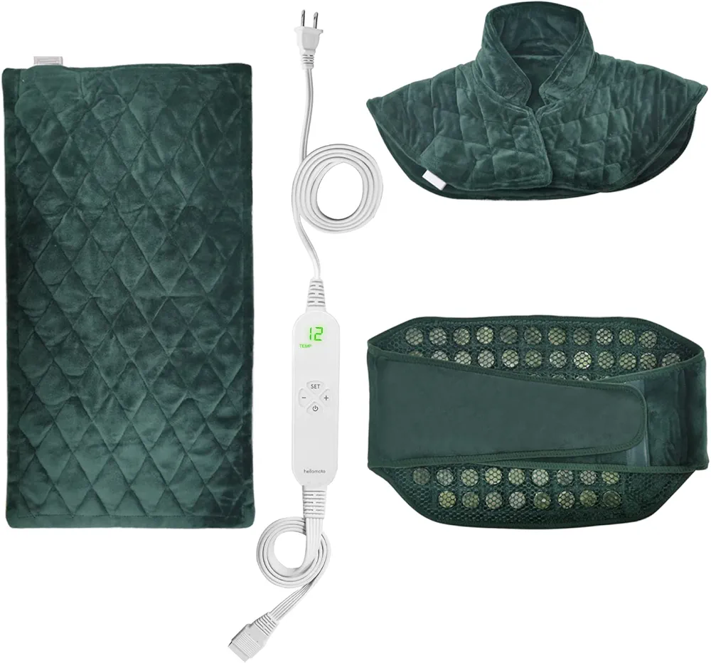 Heating Pad Gift Set of 3, Includes 18'' x 22'' Weighted Shoulder Heating pad + 12" x 24" Full Weighted Heating Pads for Back Pain + 12" x 24" Jade Stone Heating Pads for Pain Relief- GP01