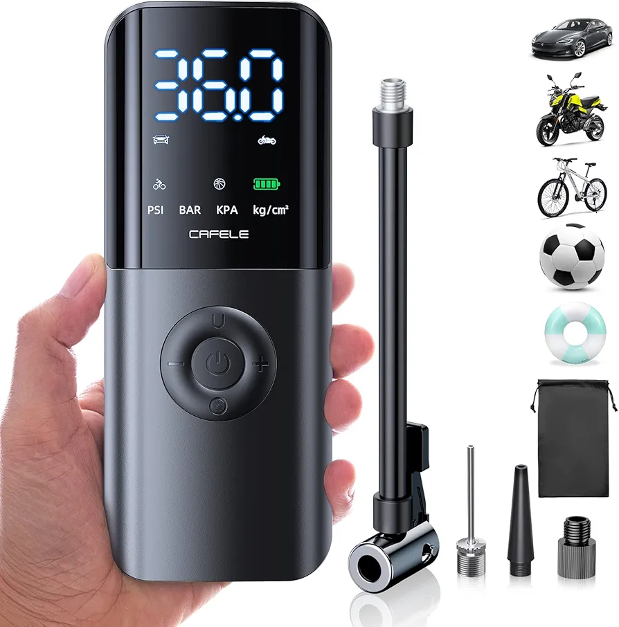 CAFELE Portable Tire Inflator for Car Motorcycle [Fast & Easy for Air Refilling], Cordless Motorcycle Air Compressor Auto Stop, Electric Bike Air Pump with Rechargeable Battery, Light for Bike Ball