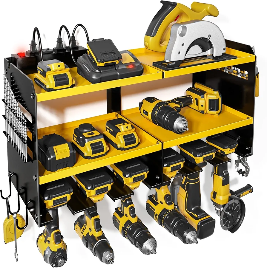 Power Tool Organizer Wall Mount with Charging Station, Garage Shelving 6 Drill Holders, Tool Battery Holder with Screwdriver Heavy Duty Rack, Tool Storage Rack with 4 Outlet Power Strip